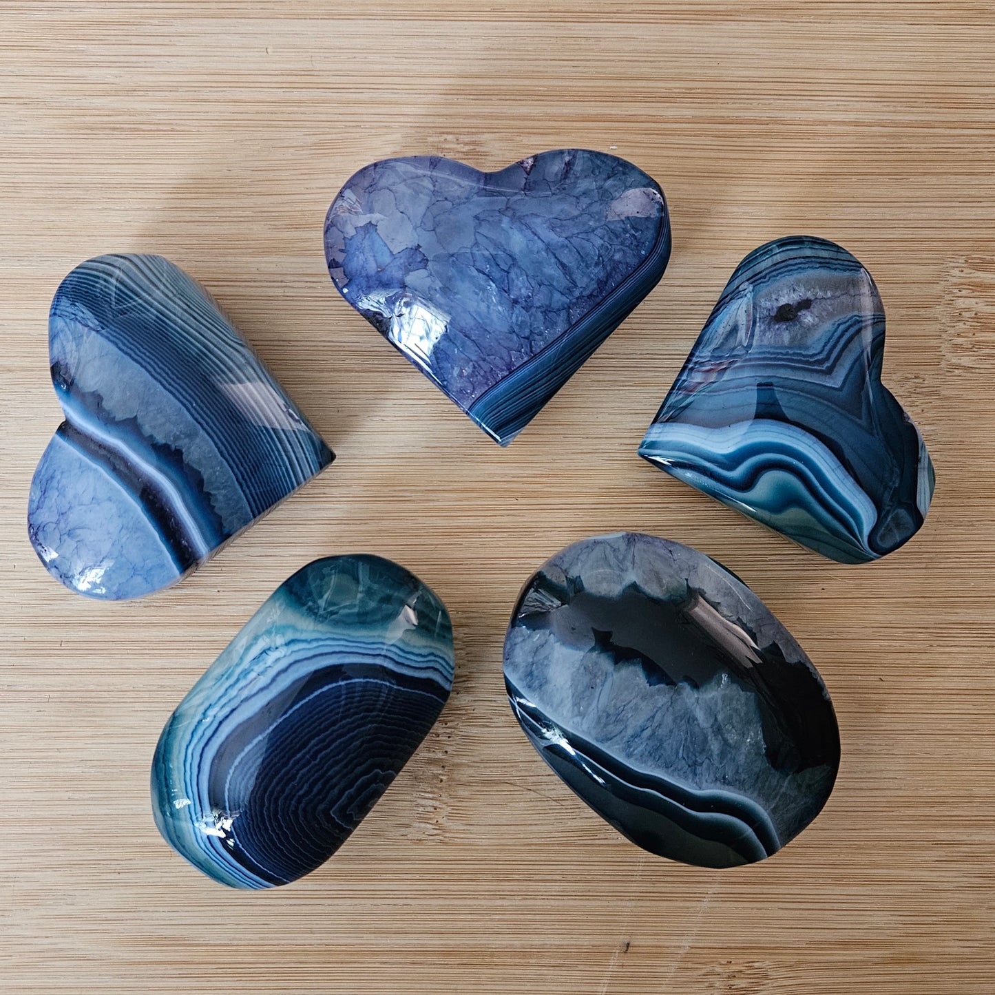 Blue Stripe Agate Hearts and Palm Stones