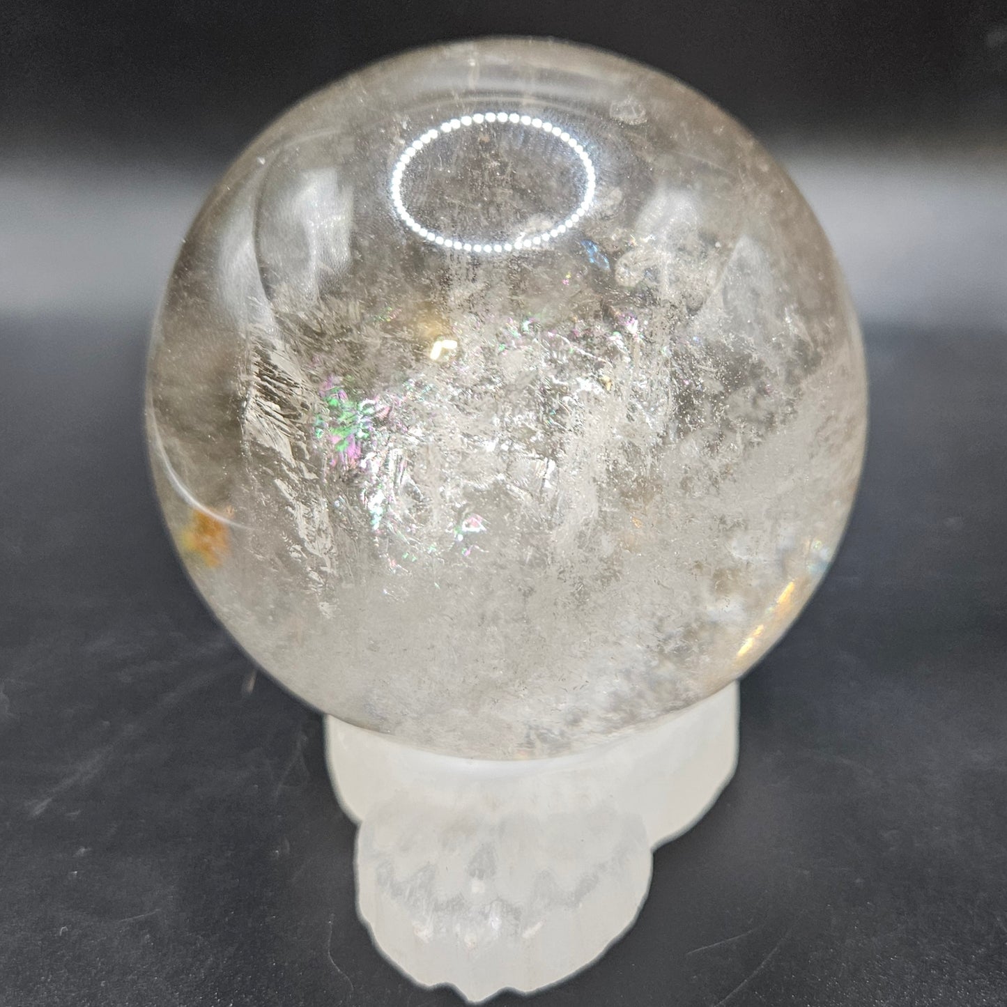 Clear Quartz sphere with rainbows, Golden Healer, and Black Tourmaline