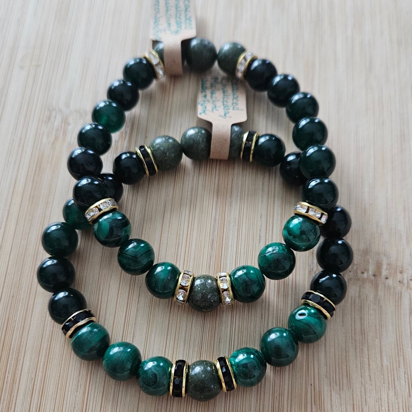 Malachite, Jade/Pyrite, and Chalcedony bracelets