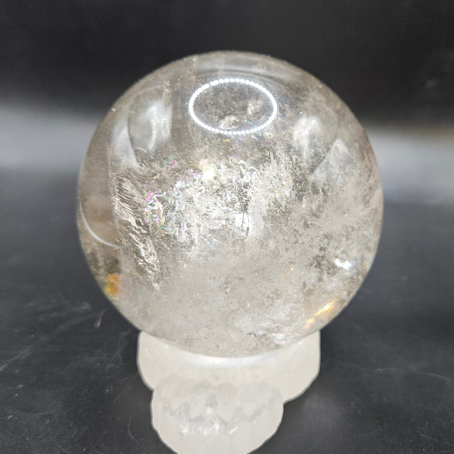 Clear Quartz sphere with rainbows, Golden Healer, and Black Tourmaline