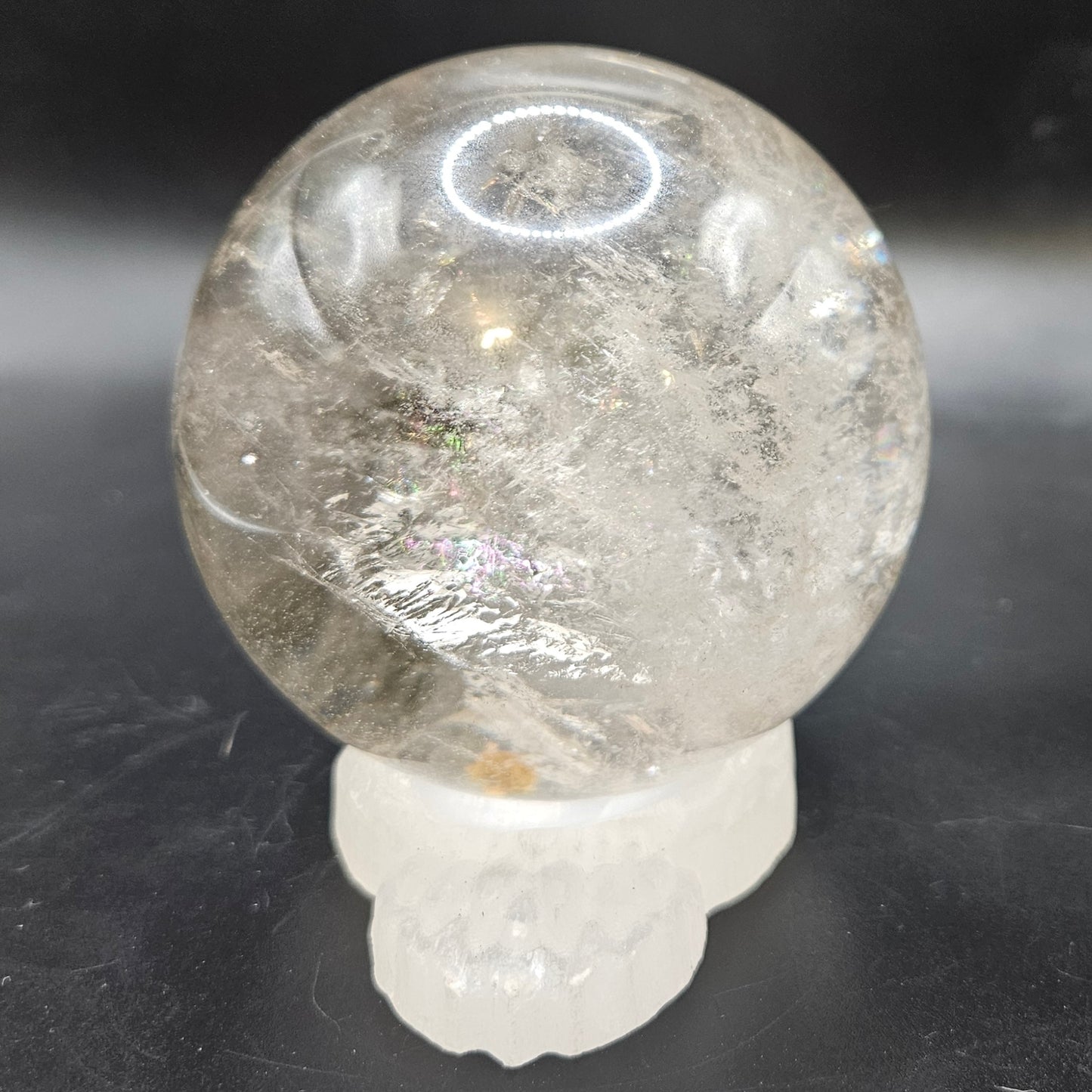 Clear Quartz sphere with rainbows, Golden Healer, and Black Tourmaline